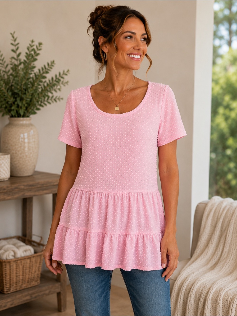 Lane Bryant 14/16 Pink Swiss Dot Tiered Babydoll Peplum Blouse Cottagecore